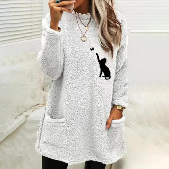 O-Neck Long Sleeves Pockets Mid-Length Winter Sweatshirt Women Loose Fit Embroidery Cat Pattern Fleece Pullover Top