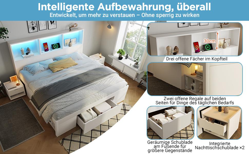 Bed 140x190 cm White with 2 Movable Nightstands, Wooden Bed with LED Lighting and USB Type-C Charging, Frame with Drawer and Shelves, without Mattress