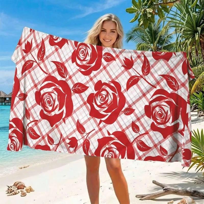Newest Beach Towel Red Rose Plaid Checkered Background Print Quick Dry Microfiber Beach Towel Floral Women Pool Towel