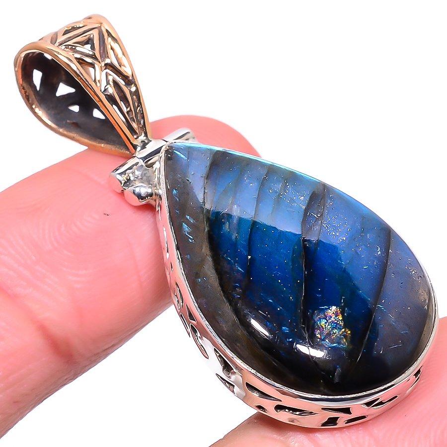 Natural Labradorite 925 Solid Sterling Silver Gift Tow Tone Pendant 1.97" T4A92