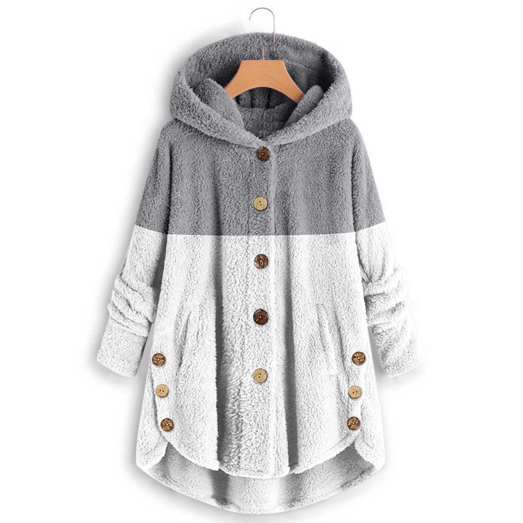 Women's Fashion Stitching Loose Hoodies Long Sleeve Plush Button Coat