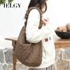 IELGY Korean Version of Casual Literary Canvas Bag, Embroidered Thread Drawstring Single Shoulder Nylon Pleated Messenger Bag