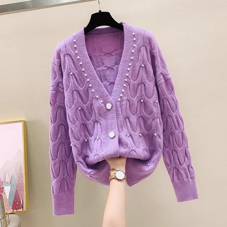 Весенне-осенний вязаный кардиган женский свитер свободный короткий стиль вязаный верхний свитер милый бисерный V-образный вырез вязаный кардиган женский