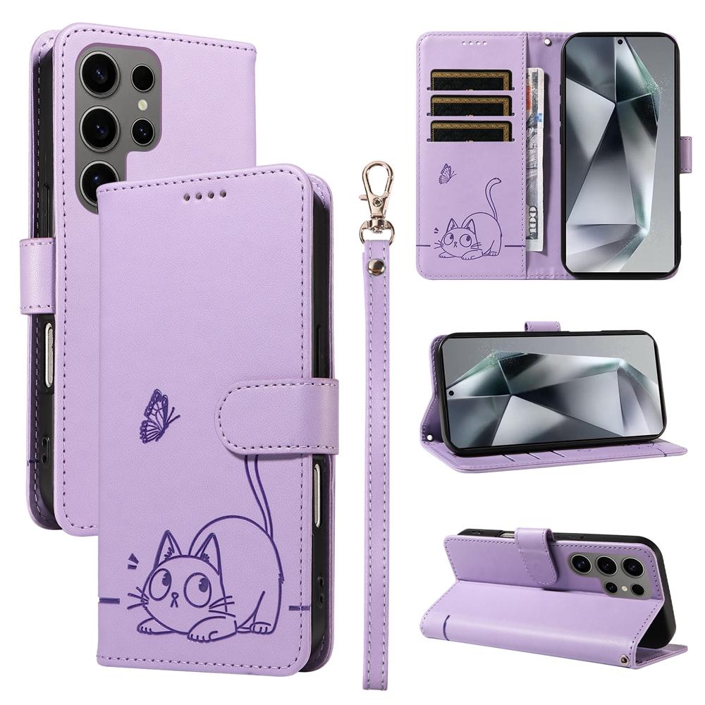 Magnetic Leather Wallet Flip Case for Samsung Galaxy S25 S24 S23 S22 S21 S20 Plus Ultra FE | Cat & Butterfly Embossed Design