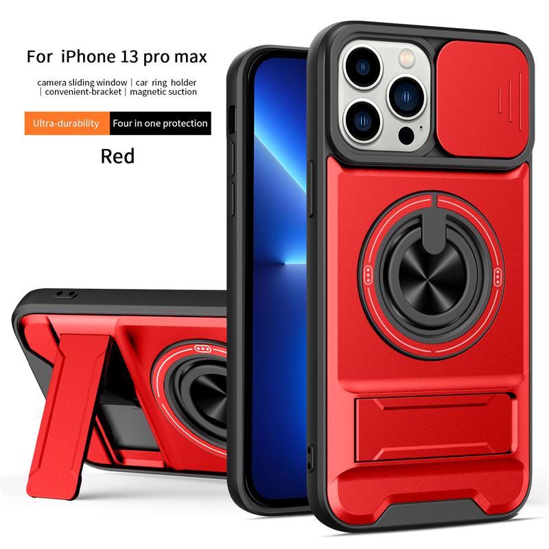 Для iPhone 12 13 14 15 16 Pro Max 15 Plus 16E Чехол для телефона с крышкой-слайдером для объектива, автомобильным магнитным кольцом и двойным кронштейном