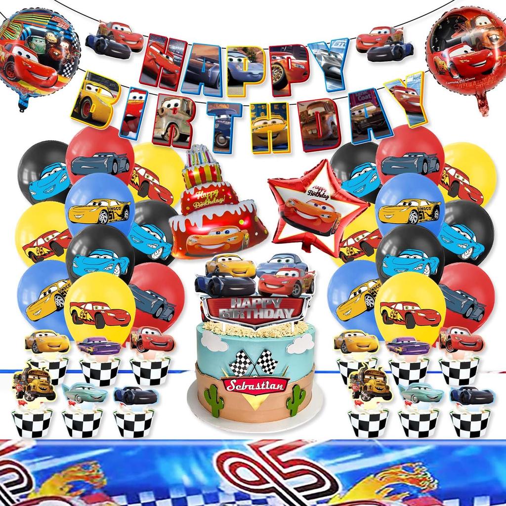 Cars Birthday Decorations Set, Includes Garland, Tablecloth, Aluminum Balloons, Happy Birthday Cake Topper, Happy Birthday Banner, and Ribbon