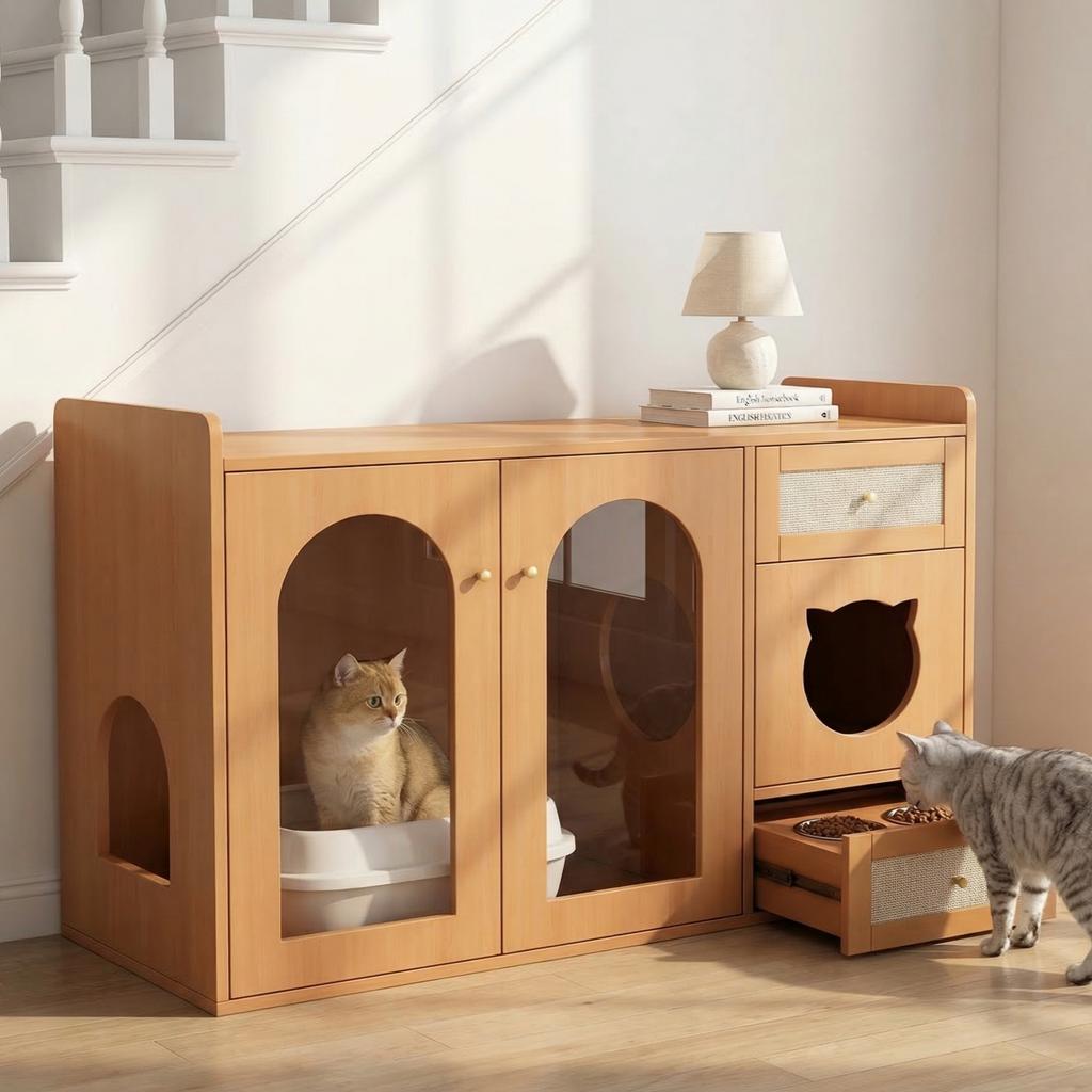 Cat House and Litter Box Cabinet with Feeding Bowls, Cat Rest Area, Storage Area (Litter Box and Cat Cushion not included), Walnut Color, 120x45x83 cm