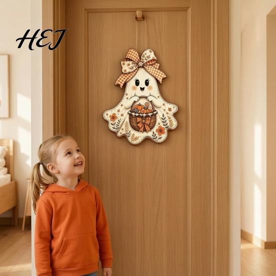Indoor Wall Hanging Ornament Cute Bow Ghost Sign, Rustic Retro Floral Door Sign with Pumpkin Halloween Party Background Decor Basket, Vintage