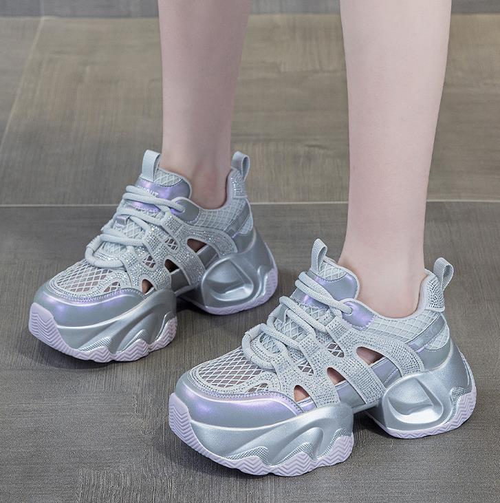 Модные 7 см сетчатые PU синтетические балетки летние женские массивные кроссовки тапочки платформа танкетка микрофибра кожа блестящие сандалии обувь