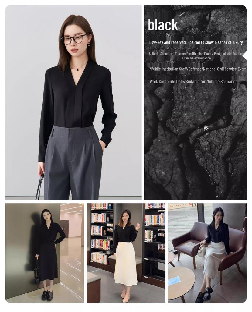 Женская белая шифоновая рубашка с V-образным вырезом – Элегантная официальная одежда для собеседований и офиса