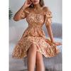 Spring and Summer Women's Floral Square Neck Short Sleeve Waist-slimming Ruffle A-line Dress