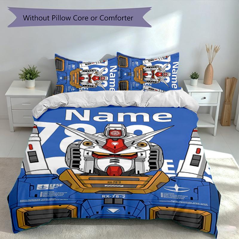 3pcs Custom Name Mobile Suit Gundam Set,Includes 1 Duvet Cover and 2 Pillowcases,All-season Bedroom Decor
