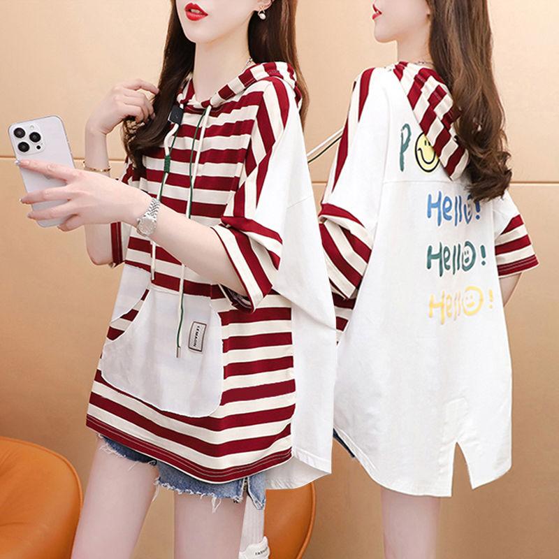 Женская футболка с капюшоном и контрастной задней панелью, летняя, свободная, длинная