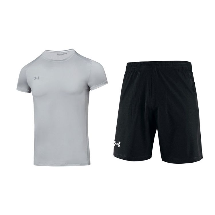 Under Armour Дышащая удобная футболка с круглым вырезом и коротким рукавом и универсальные шорты средней посадки, повседневный спортивный комплект для мужчин 23500506-011+22500214-001