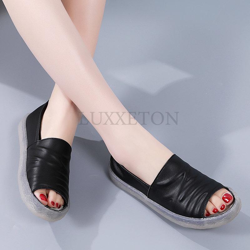 Модные летние повседневные однотонные женские босоножки из натуральной кожи с неглубокой подошвой, дышащие, удобные, на мягкой подошве, на среднем каблуке