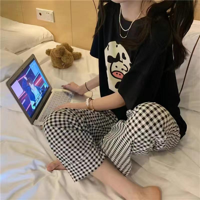 2pcs/Set Pajamas Summer Set of Students Short-Sleeved Long Pants Cartoon Cow Ladies Homewear Breathable Easy To Clean Black