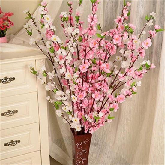 TRRAPLE Artificial Peach Blossom, Simulation Silk Cherry Blossom Branches 10 Pcs 26 Inch Cherry Plum Bouquet Branch Floral Arrangements for Home