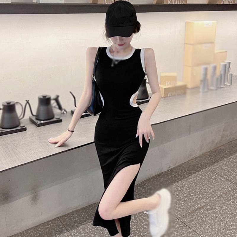 Сумка на бедрах, облегающее облегающее платье, один размер, женское платье с разрезом по бокам, круглый вырез, без рукавов