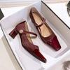 Французские туфли Мэри Джейн толстый каблук вставки маленькие ароматные одинарные туфли средний каблук 2025 новые на одном ремешке с квадратным носком туфли на высоком каблуке