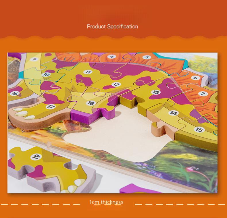 Children's 3D Wooden Dinosaur Puzzle: Number & Letter Educational Toy for Ages 3-6