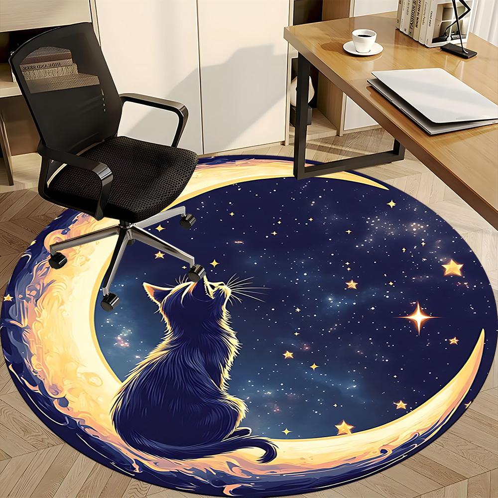 1pc Moon Cat Office Round Area Rug, Indoor Mat Suitable For Office, Under Office Chairs Bedroom Living Room Home Decor, Room Deco 042