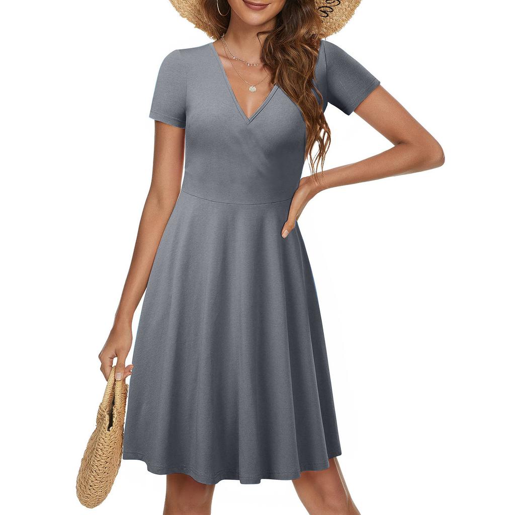 Женское повседневное модное однотонное платье трапециевидной формы с перекрестным v-образным вырезом и короткими рукавами и талией, большое свободное платье