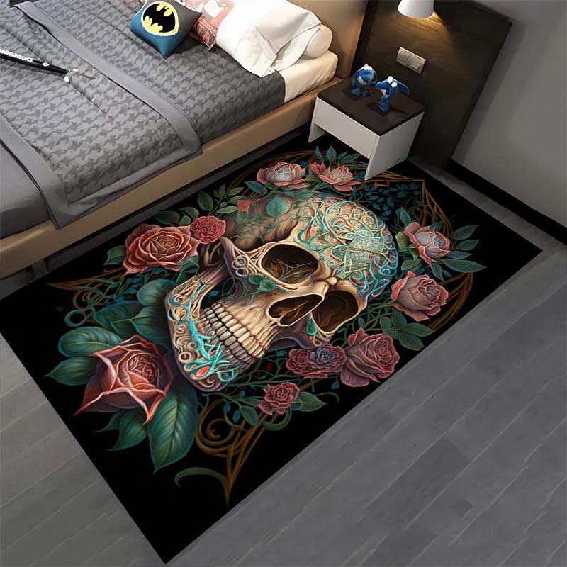 Decorative Artistic Skull Pattern Rug with Roses and Floral Design Suitable for use as an anti-slip for living room bedroom sofas