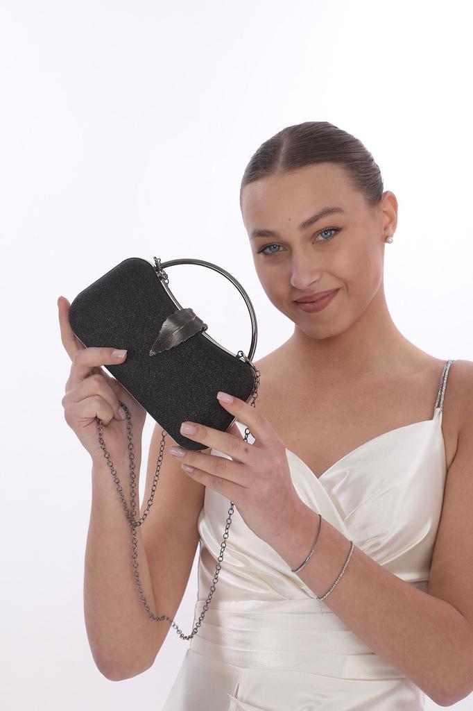 Women's Stylish and Useful Evening Dress Bag Gold Color Bream Material Leaf Accessory Hand and Strap Evening Dress Portfolio Clutch Evening Bag