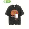 T-Shirt with Food Print Casual Crew Neck Vintage Washed Wax Design Fashionable Sushi Rice Graphic Regular Lengt