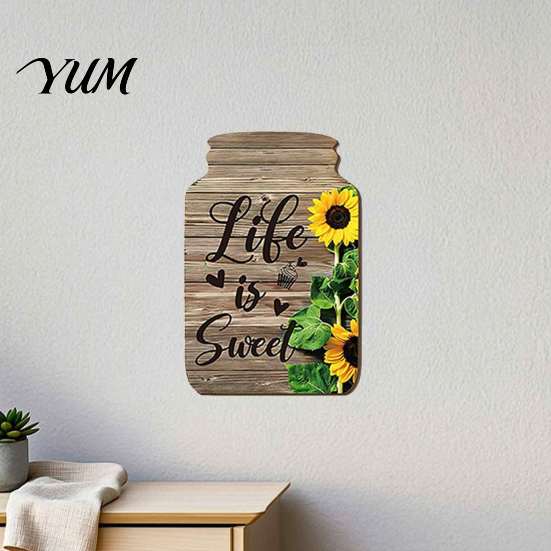 Rustic Wall Art Decor Mason Jar Shape Decoration, Wooden with Sunflower Print, Indoor Decoration Pieces Retro Hanging for Farmhouse Kitchen