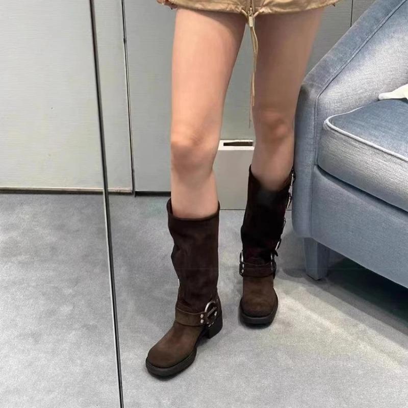 Модная Роскошная Женская Обувь Высокого Качества Массивный Каблук Пряжка Винтажные Мотоциклетные Сапоги Сапоги до Колена для Женщин Ручной Работы Обувь на Платформе