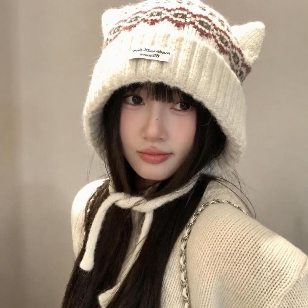 Cat Ear Strap Beanie Hat Windproof Winter Pullover Hat Casual Knitted Woolen Cap for Women Girls