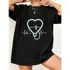 Oversized T Shirt Black Heart Ecg Stethoscope Print For Casual Wear