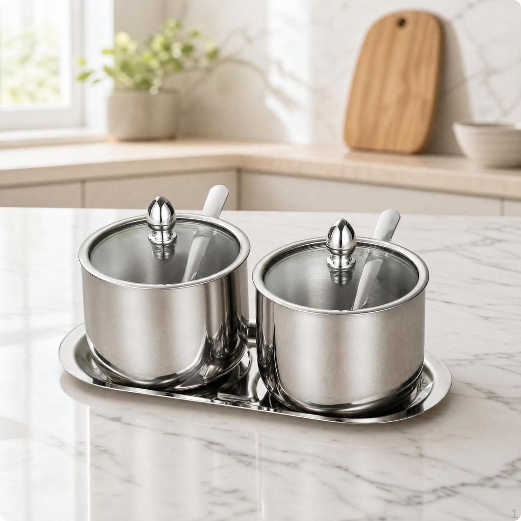 2 Pieces Stainless Steel Condiment Pot Set with Tray Multipurpose