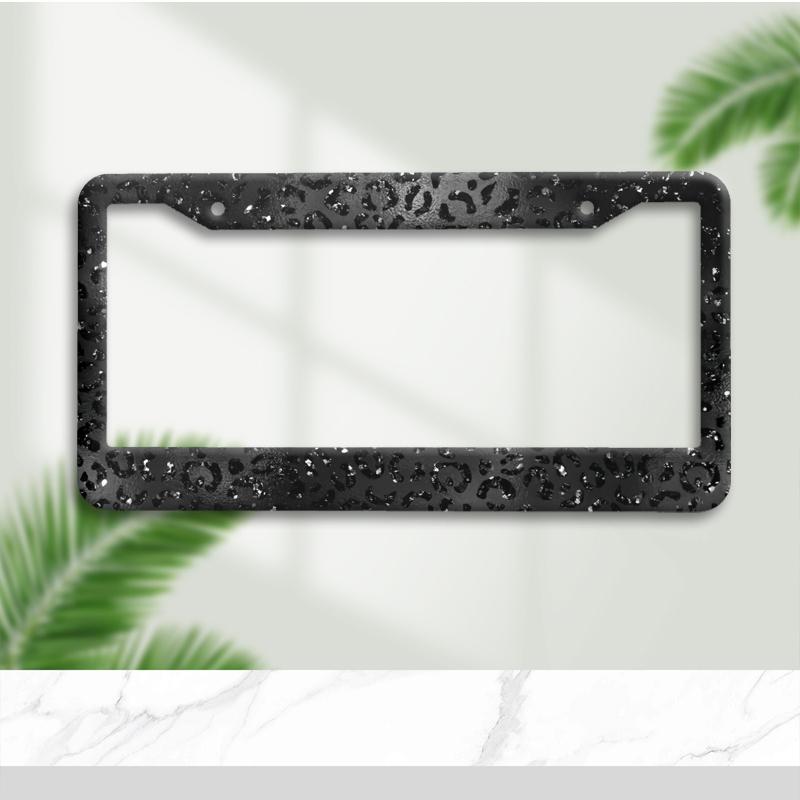 Black Leopard Print Glitter Car License Plate Frame Sparkly Bling Trendy Stylish Tag Holder Novelty Gift Rustproof Easy Install License Plate Covers