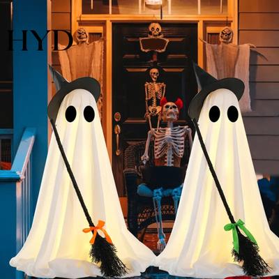 Indoor Halloween Decor Light-Up Ghost Decoration, Spooky Witch Hat Ornament with LED Festive Prop Light, Broom for Outdoor Lawn Porch Holiday