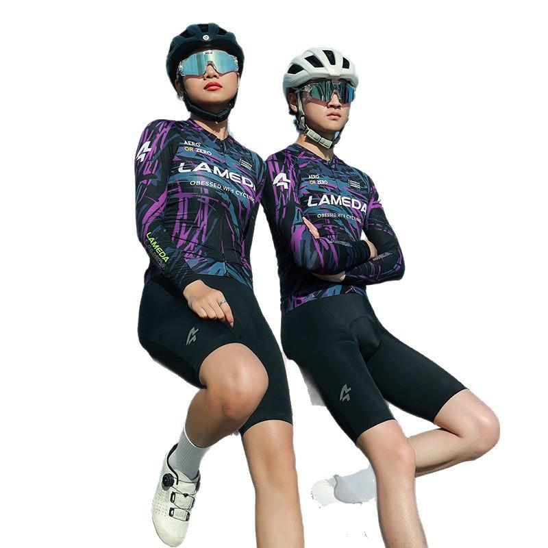Unisex Cycling Jersey Long Sleeve Breathable Quick-Dry Mountain Road Bike Apparel In Camo Purple