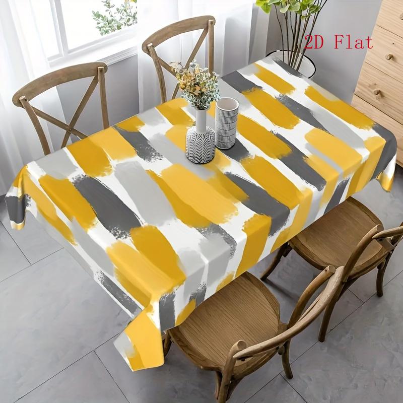 2D Flat 1pc-printed Tablecloth, Polyester Rectangular Tablecloth, Gray-yellow Brushstroke Effect, Suitable for Indoor/outdoor Use, Spring/summer Farmh