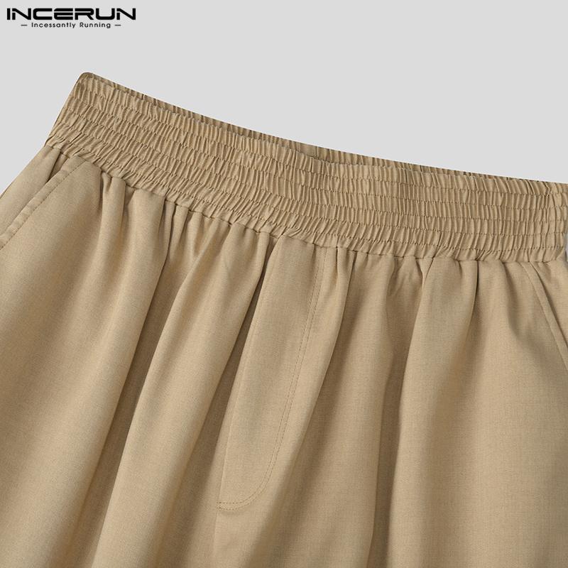 INCERUN Мужские повседневные свободные длинные брюки с высокой эластичной талией и оборками с карманами