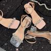 Silver Rhinestone Sandals for Women - 2024 Spring/Summer Collection: Chunky Heel, Open Toe, Transparent Crystal Design.