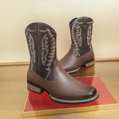 Дизайнерские мужские ретро ковбойские сапоги в западном стиле, мужские модные лоскутные вышитые кожаные сапоги до середины икры, дизайнерская повседневная обувь для мужчин