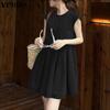Elegant Women Casual Round Neck Sleeveless Solid Color Ruffled A-line Dress