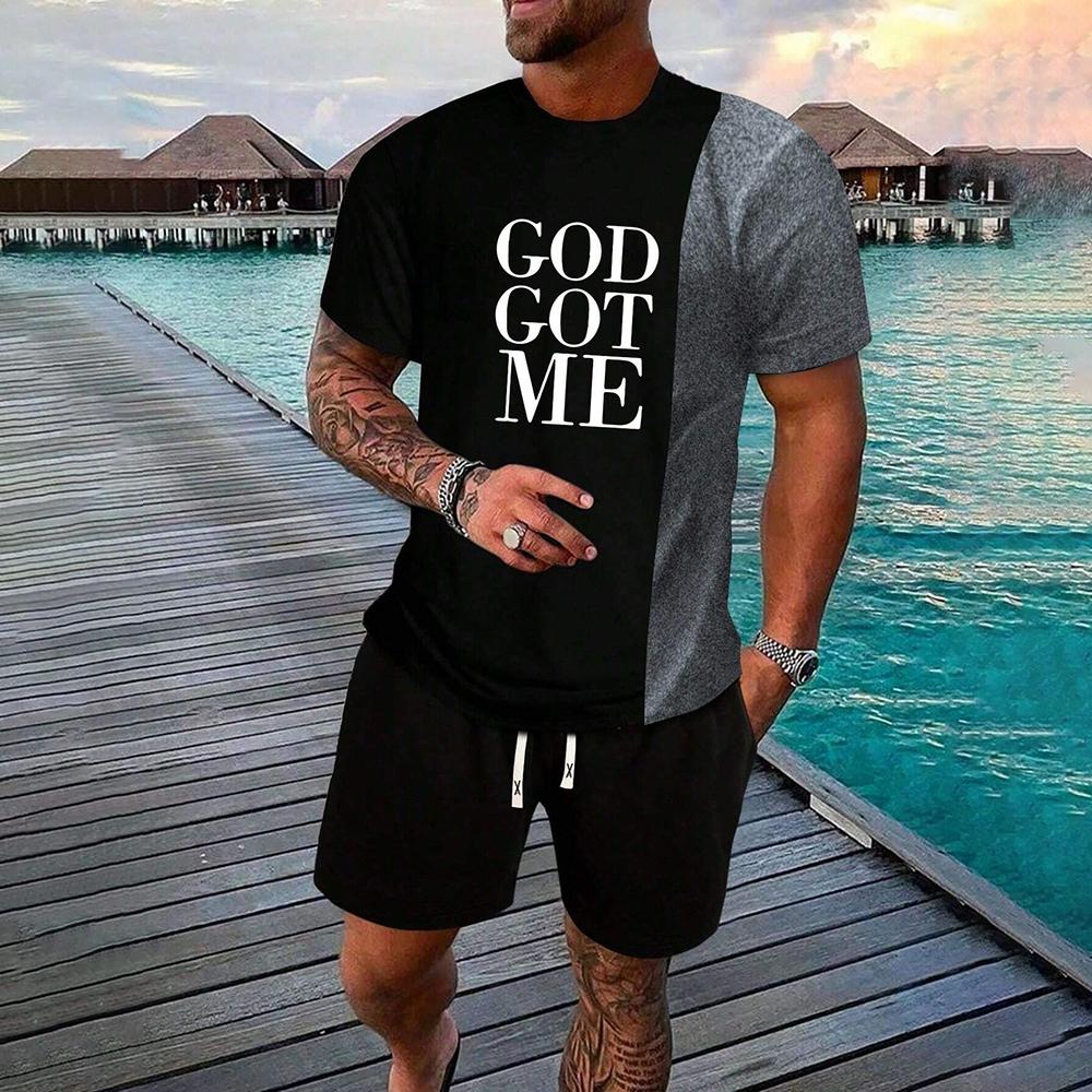 Мужская летняя повседневная футболка с круглым вырезом, коротким рукавом, принтом в виде 3D-букв и цветов, комплект шорт на шнурке, спортивная одежда