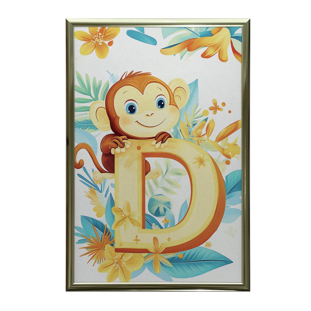 Plakat Uśmiechnięta Małpka Z Literką "D Plakat Uśmiechnięta Małpka Z Literką "D, 30X40 Cm, Rama Drewniana Ciemny Brąz, Papier Matowy 230 Gsm