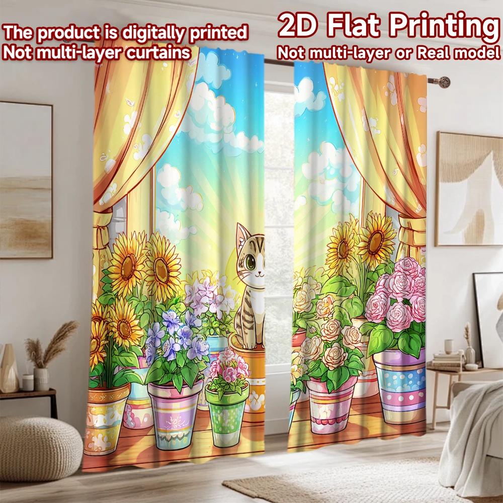 2D flat printing 2pcs Window Treatment Curtains Cute Cat Flower Balcony Digital Printed Polyester Drapes Festive Wall Decor for