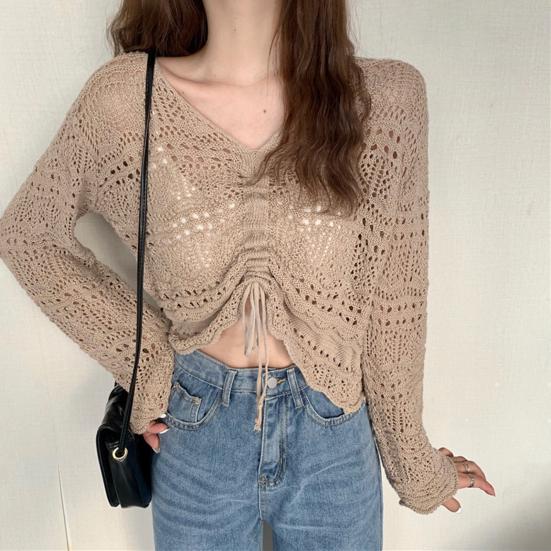 Women Cover Up Tops V-Neck Drawstring Design Long Sleeve Pullover Tops Solid Color Loose Fit Hollow Design Sunscreen Cover Up