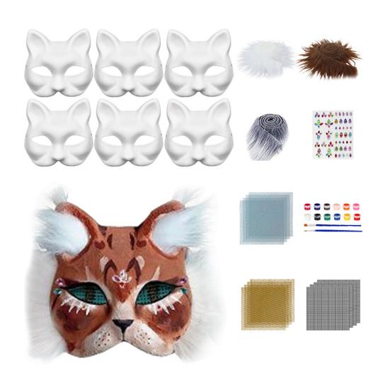 Yousheng DIY Therian Masque Kit Blank Hand Painted Half Face Cat Fox Masque with Fur Eye Mesh And Felt Sheet for Halloween Carnival Masquerade Party
