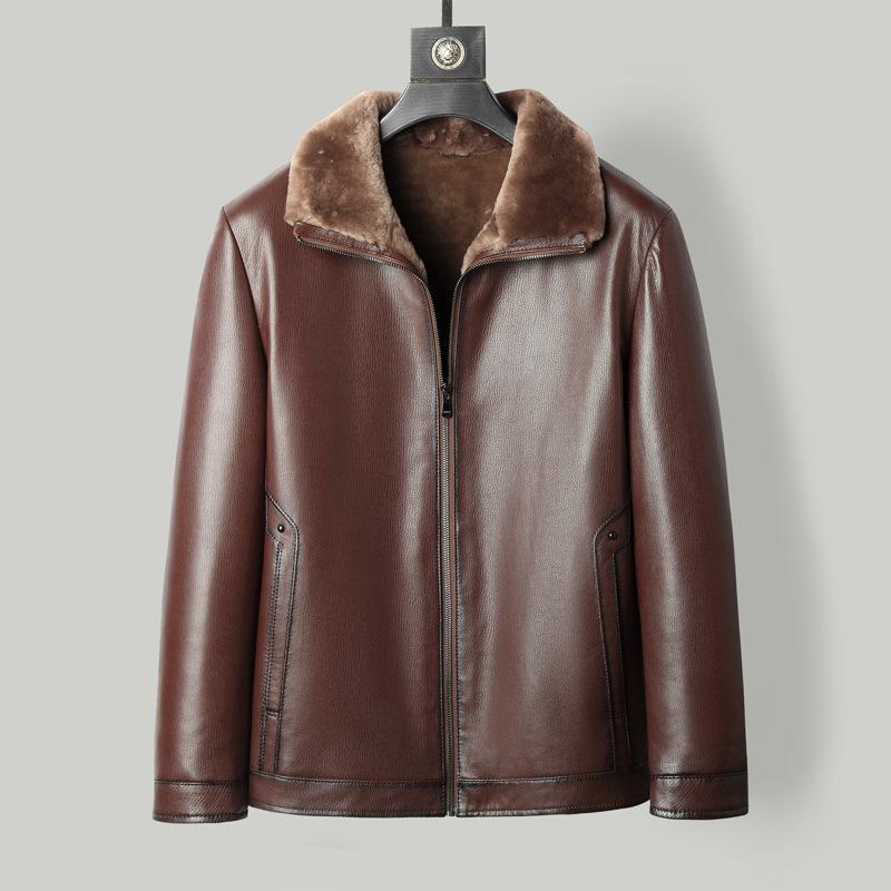 Зимняя меховая интегрированная шерстяная подкладка из овчины, натуральная кожа, мужская шуба средней длины для папы