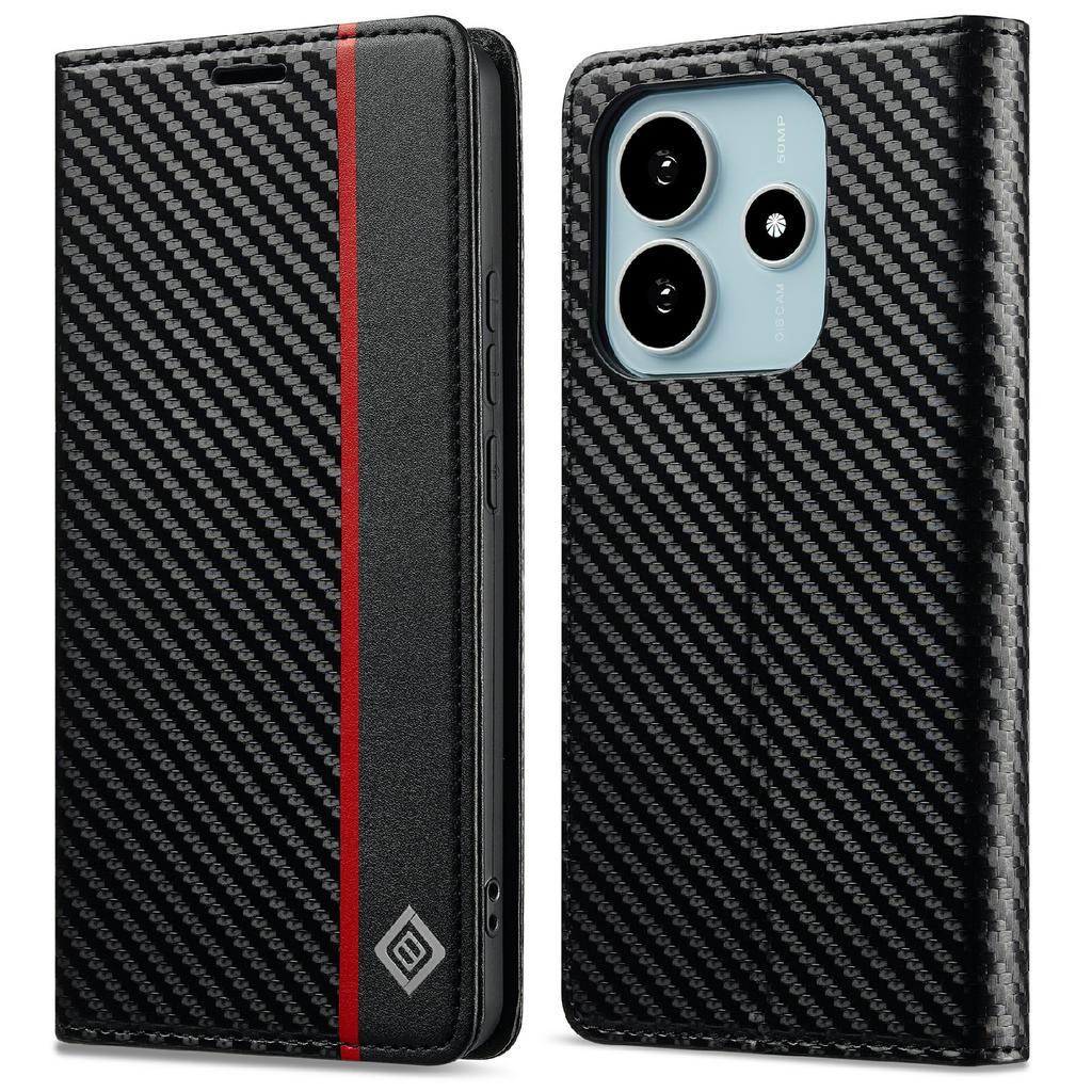 LC.IMEEKE For Xiaomi Redmi Note 14 4G (164.84mm) Case Carbon Fiber Texture Phone Cover Stand Card Holder