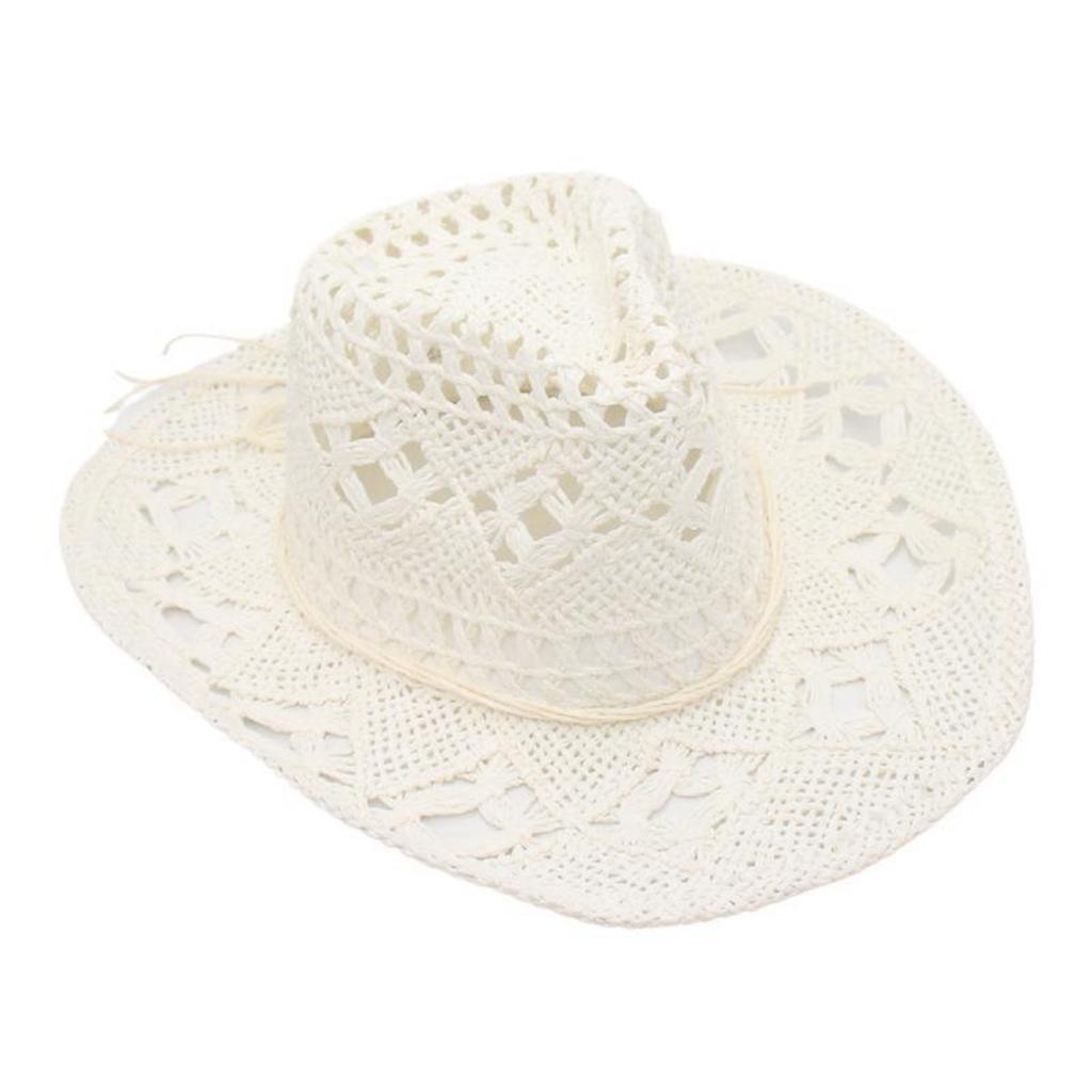 Adult Sun Hat Hand Woven Hollow Cowboy Solid Color Sun Hat Women'S Hat Adjustable Beach Hat